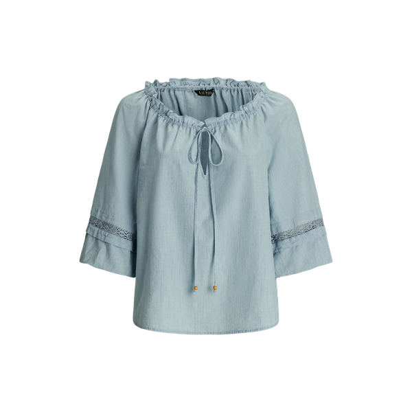 Lace-Trim Chambray Tie-Neck Blouse Lauren Woman 1
