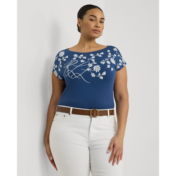 Indigo Dusk/White Floral-Embroidered Jersey Tee Lauren Woman 1