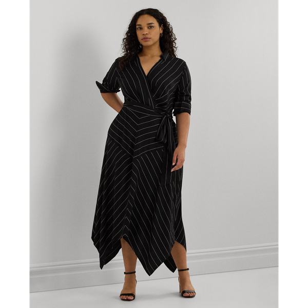 Black/Cream Pinstripe Belted Twill Surplice Dress Lauren Woman 1