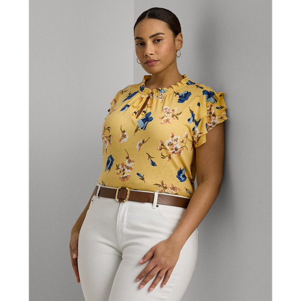 Floral Linen-Blend Jersey Tie-Neck Top