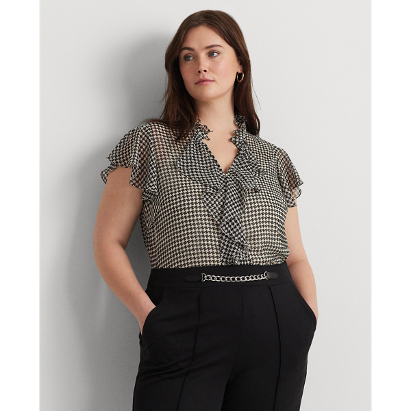 Cream/Black Houndstooth Ruffle-Trim Chiffon Blouse Lauren Woman 1