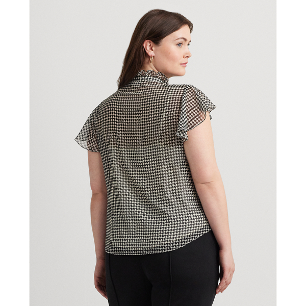 Houndstooth Ruffle-Trim Chiffon Blouse