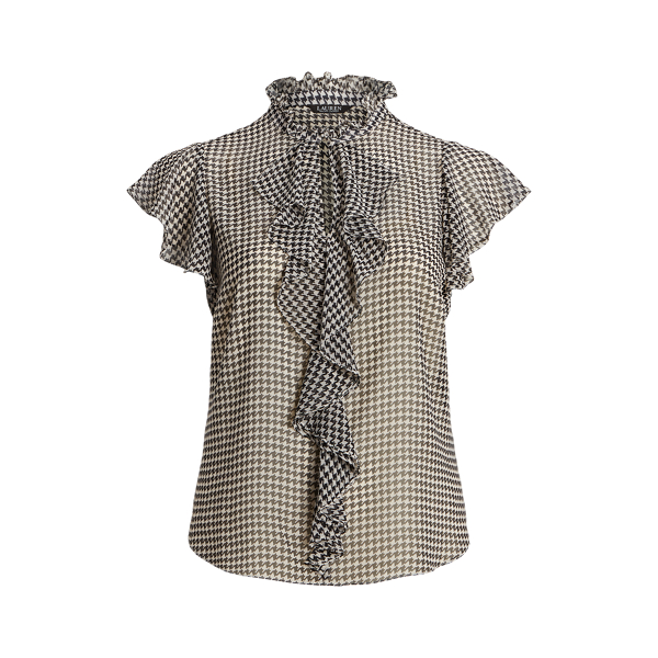 Houndstooth Ruffle-Trim Chiffon Blouse Lauren Woman 1