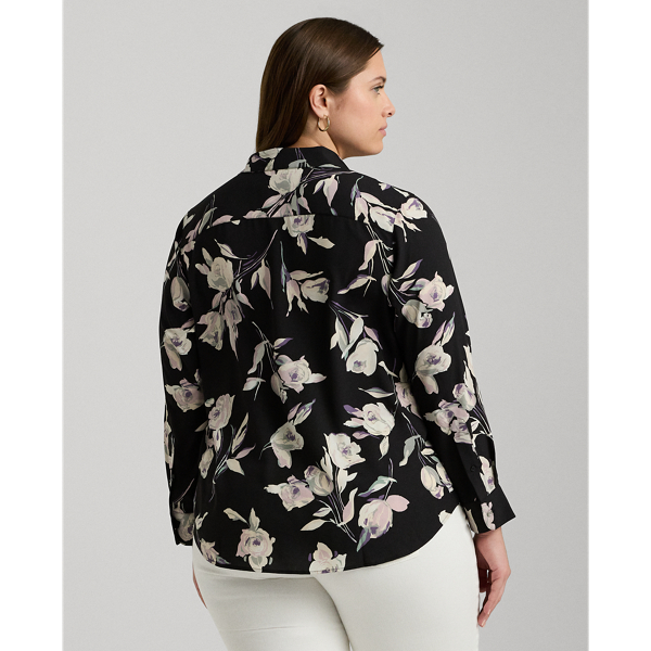 Black Multi Classic Fit Floral Crepe de Chine Shirt Lauren Woman 5