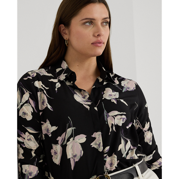 Black Multi Classic Fit Floral Crepe de Chine Shirt Lauren Woman 6