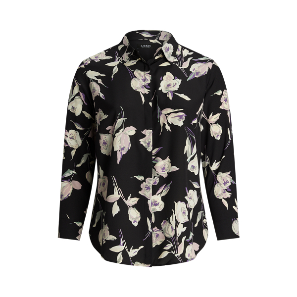 Black Multi Classic Fit Floral Crepe de Chine Shirt Lauren Woman 2