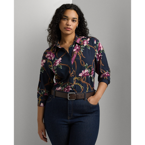 Navy Multi Classic Fit Print Crepe Shirt Lauren Woman 1