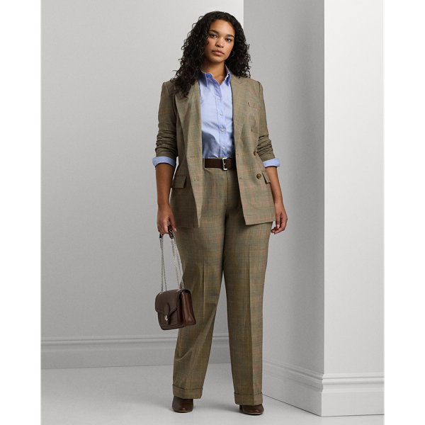 Brown Multi Glen Check Pleated Stretch Wool Pant Lauren Woman 1