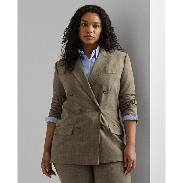 Brown Multi Glen Check Double-Breasted Wool Blazer Lauren Woman 1