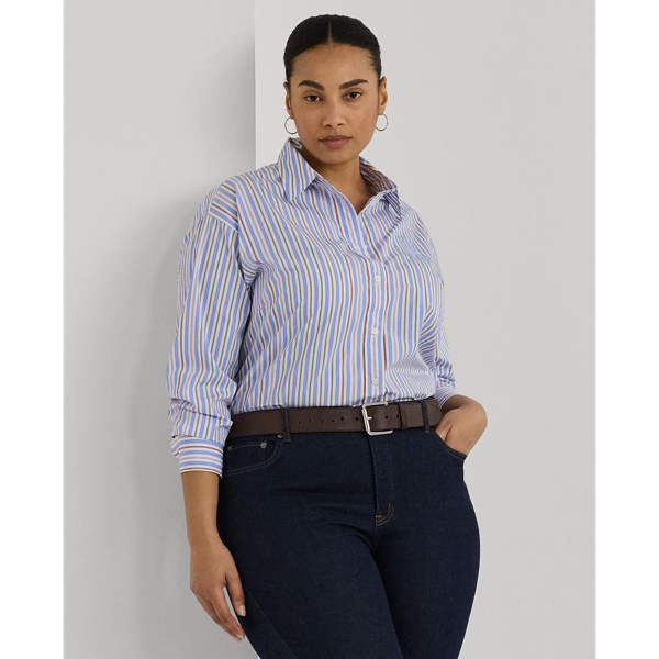 White/Blue Multi Relaxed Fit Striped Broadcloth Shirt Lauren Woman 1