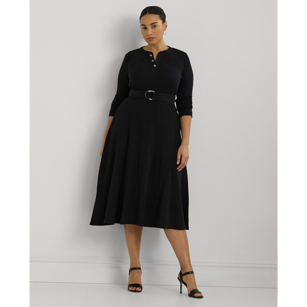 Black Belted Waffle-Knit Cotton Henley Dress Lauren Woman 1