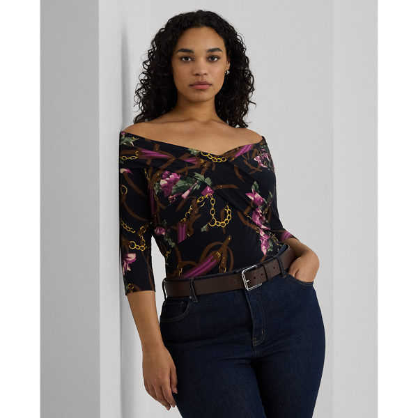 Navy Multi Print Jersey Off-the-Shoulder Top Lauren Woman 1