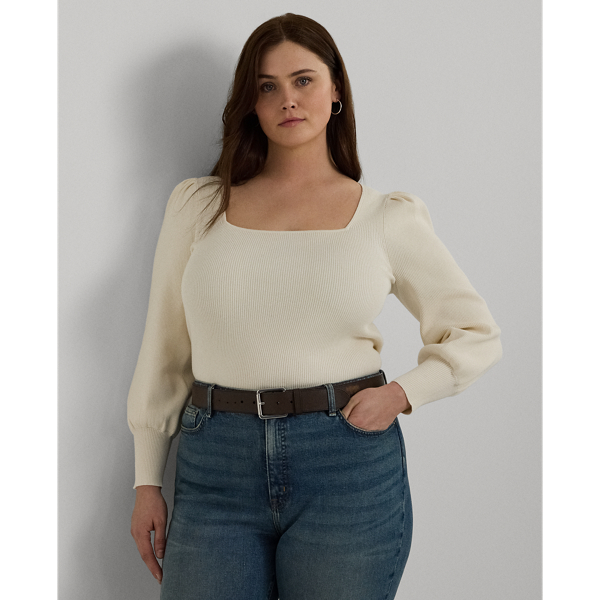 Mascarpone Cream Rib-Knit Puff-Sleeve Sweater Lauren Woman 1