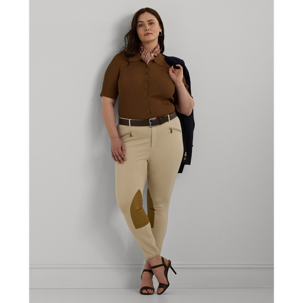 Rib-Knit Elbow-Sleeve Polo Cardigan