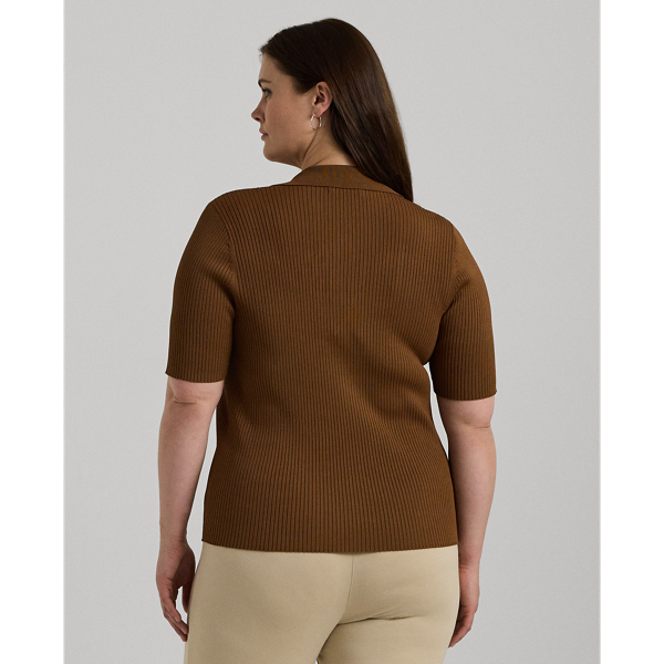 Rib-Knit Elbow-Sleeve Polo Cardigan