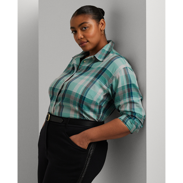 Turquoise Multi Relaxed Fit Plaid Cotton Twill Shirt Lauren Woman 1