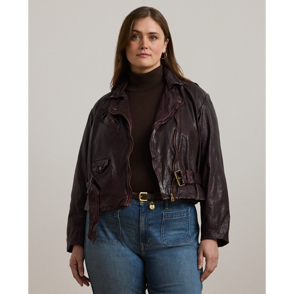 Belted Burnished Leather Moto Jacket