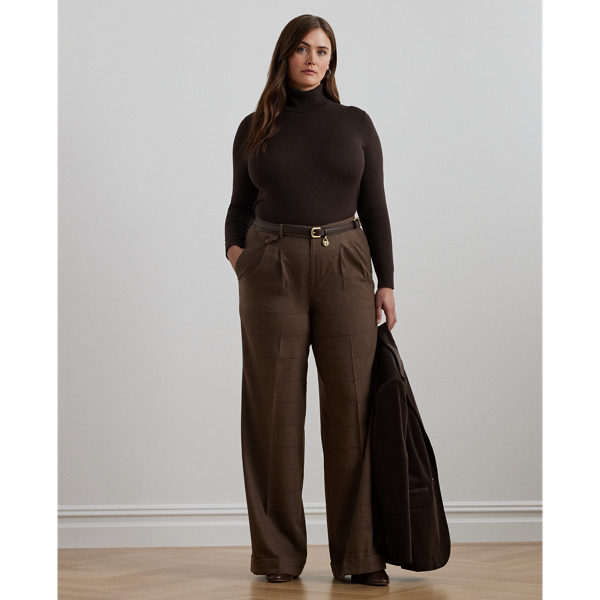 Brown/Tan/Purple Multi Checked Pleated Wool Wide-Leg Pant Lauren Woman 1