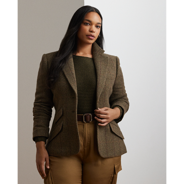 Olive Multi Wool-Blend Herringbone Tweed Blazer Lauren Woman 1