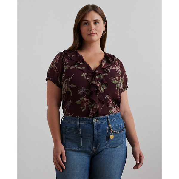 Burgundy Multi Floral Georgette Puff-Sleeve Blouse Lauren Woman 1