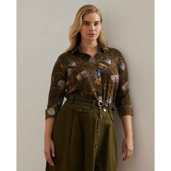 Olive Multi Classic Fit Belting-Print Crepe Shirt Lauren Woman 1