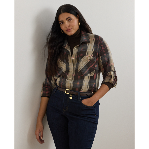 Relaxed Fit Plaid Roll-Tab-Sleeve Shirt