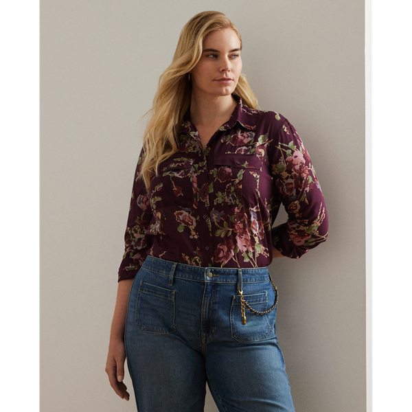 Burgundy Multi Classic Fit Floral Cotton Voile Shirt Lauren Woman 1