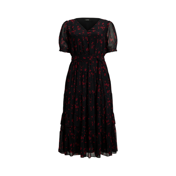 Floral Belted Crinkle Georgette Dress Lauren Woman 1