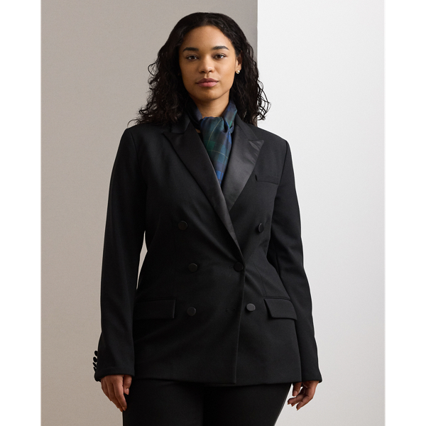 Black Double-Breasted Satin-Trim Crepe Blazer Lauren Woman 1