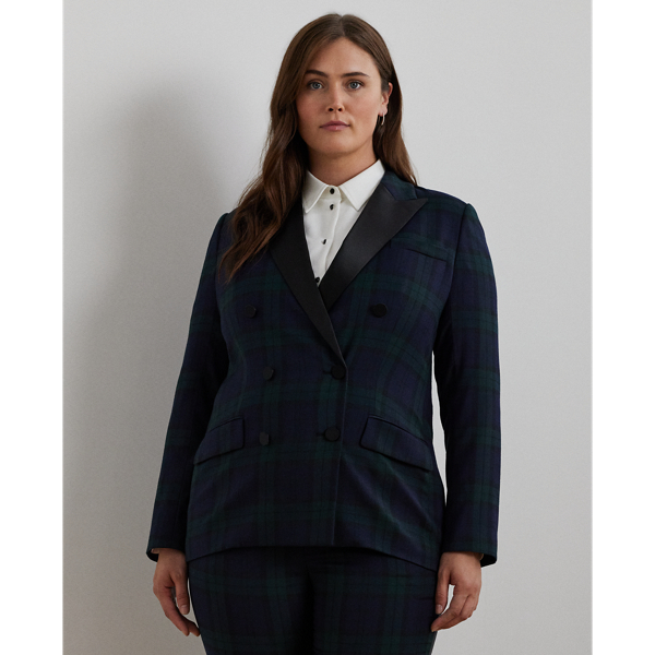 Plaid Double-Breasted Satin-Trim Blazer