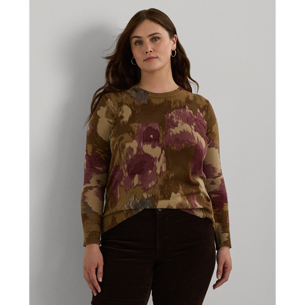 Tan Multi Floral Cotton-Blend Sweater Lauren Woman 1