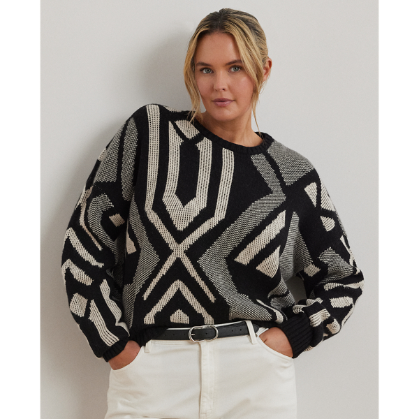 Black/Mascarpone Cream Geo-Motif Crewneck Sweater Lauren Woman 1