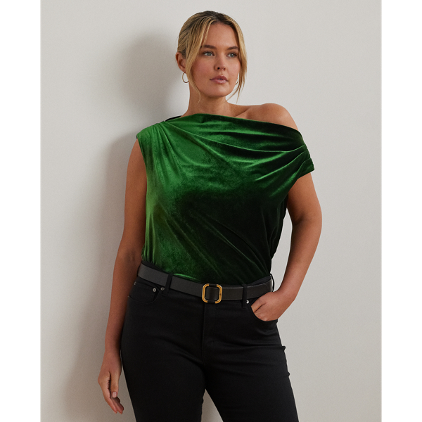 Emerald Green Velvet Stretch Velvet Off-the-Shoulder Blouse Lauren Woman 1