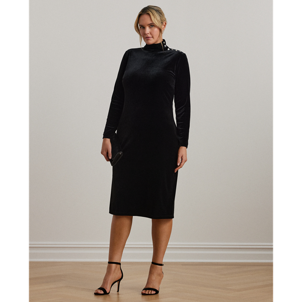 Black Velvet Button-Trim Velvet Turtleneck Dress Lauren Woman 1