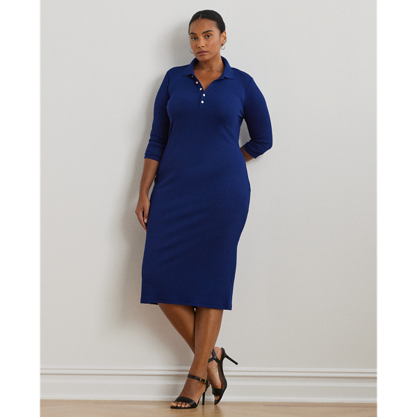 Holiday Navy Rib-Knit Cotton-Blend Polo Dress Lauren Woman 1