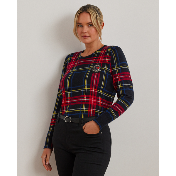 Black Multi Checked Plaid Beaded-Crest Sweater Lauren Woman 1