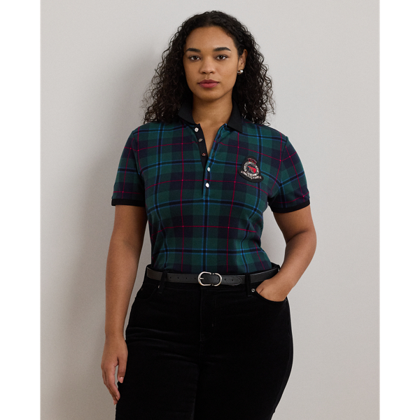 Green Multi Plaid Beaded-Crest Piqué Polo Shirt Lauren Woman 1