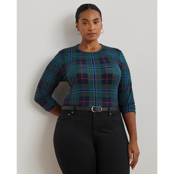 Blue/Black/Green Plaid Stretch Cotton Long-Sleeve Tee Lauren Woman 1