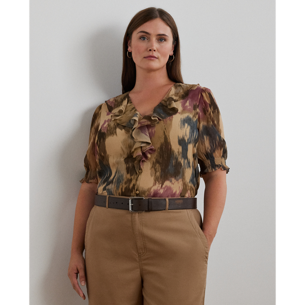 Tan Multi Floral Georgette Ruffle-Trim Blouse Lauren Woman 1