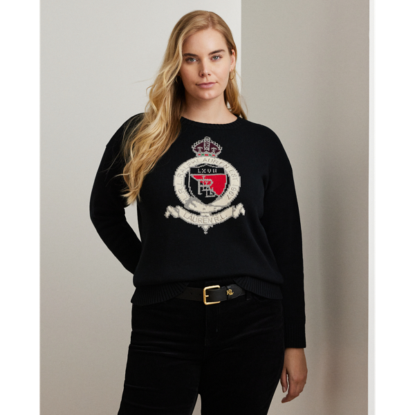 Black Multi Intarsia-Knit Crest Cotton Sweater Lauren Woman 1