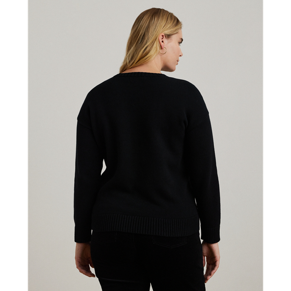 Black Multi Intarsia-Knit Crest Cotton Sweater Lauren Woman 5
