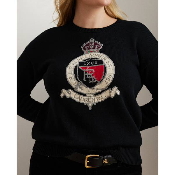 Black Multi Intarsia-Knit Crest Cotton Sweater Lauren Woman 6