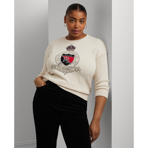 Intarsia Knit Crest Cotton Sweater