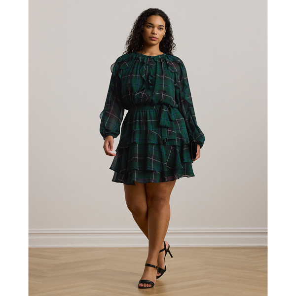 Blue/Black/Green Plaid Ruffle-Trim Georgette Tiered Dress Lauren Woman 1