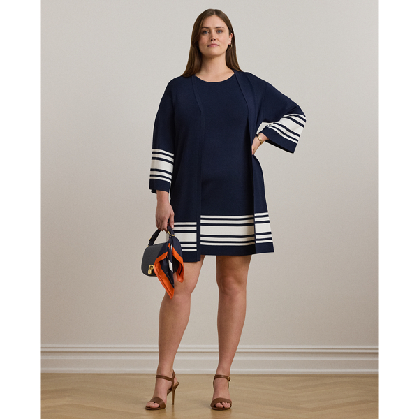 Refined Navy/White Two-Tone Cap-Sleeve Shift Sweater Dress Lauren Woman 1