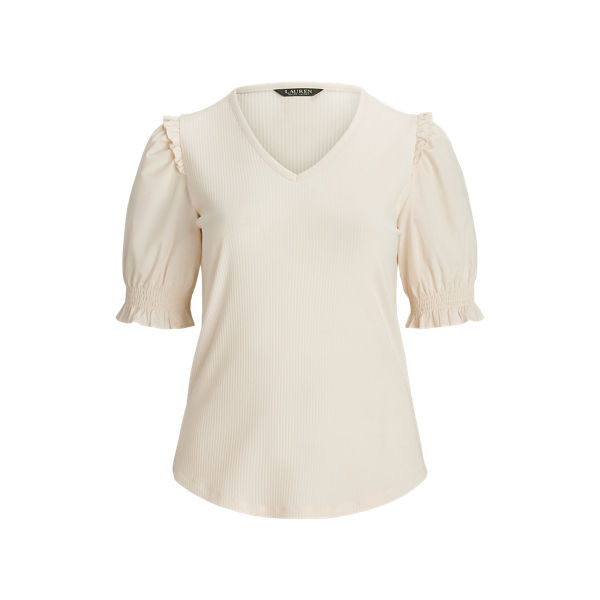 Rib-Knit Cotton-Blend Puff-Sleeve Top Lauren Woman 1