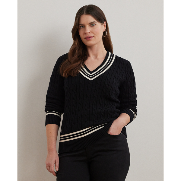 Black/Mascarpone Cream Baumwoll-Cricketpullover mit Zopfmuster Lauren Woman 1