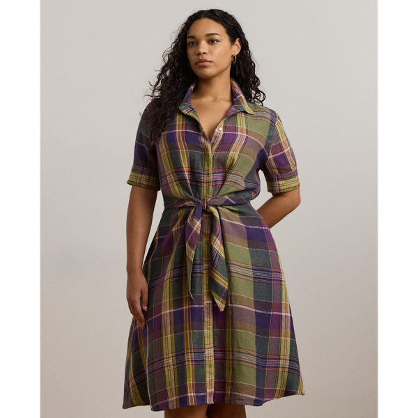 Plaid Tie-Front Linen Shirtdress