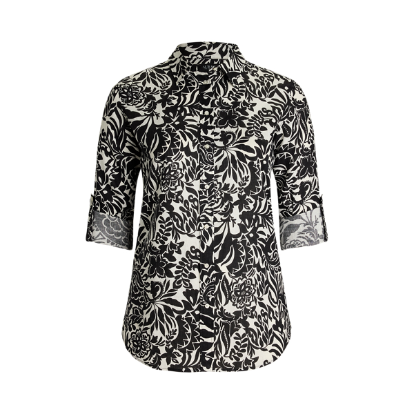 Oversize Floral Eyelet-Logo Linen Shirt