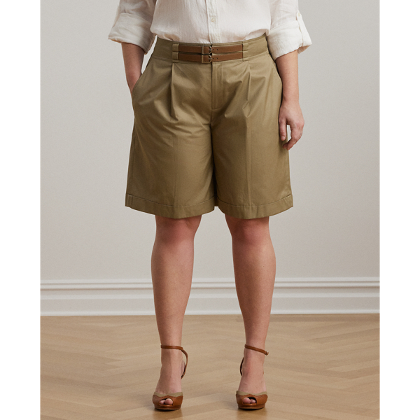 Buckle-Trim Pleated Cotton Twill Short